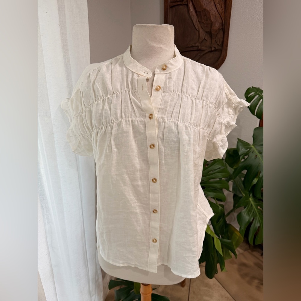 Pilcro Linen Button Front Blouse White Ruffle Sleeve Top‎ Size Small